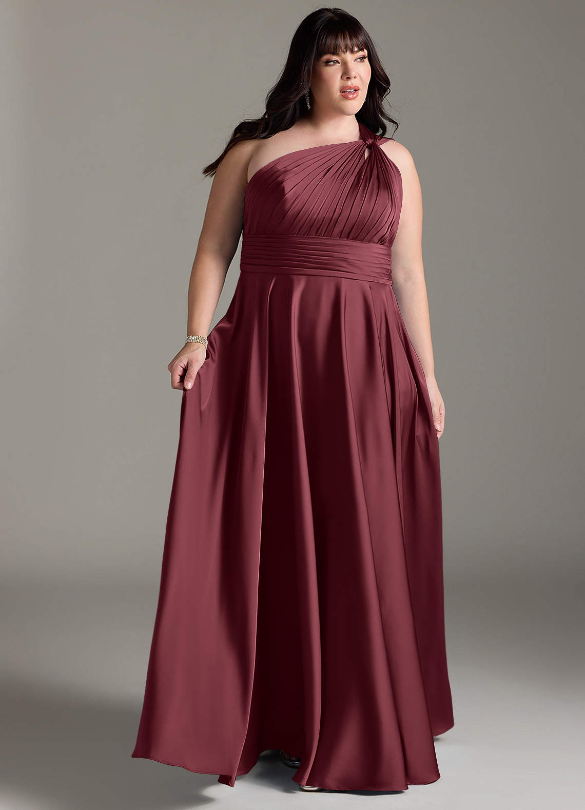 Azazie Charlize Vestidos de damas de honor Vestido de Merlot de Satén Elástico de Corte en A con Hombro unilateral image10