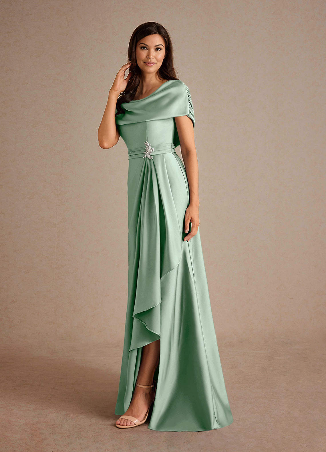 Azazie Branford Agave A-Line Pleated Stretch Satin Dress | Azazie Azazie Branford Agave A-Line Pleated Stretch Satin Dress | Azazie