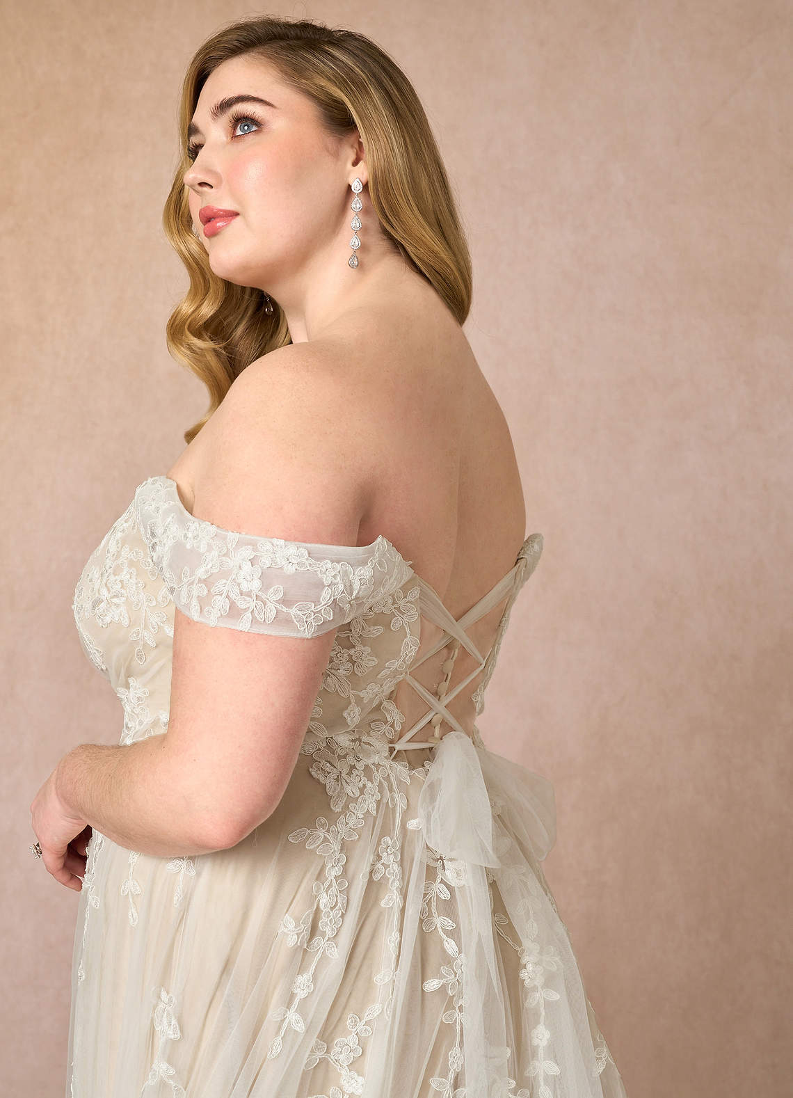 Azazie Botanica At-home Try On Dresses Diamond White Champagne A-Line Off the Shoulder Tulle Dress image9