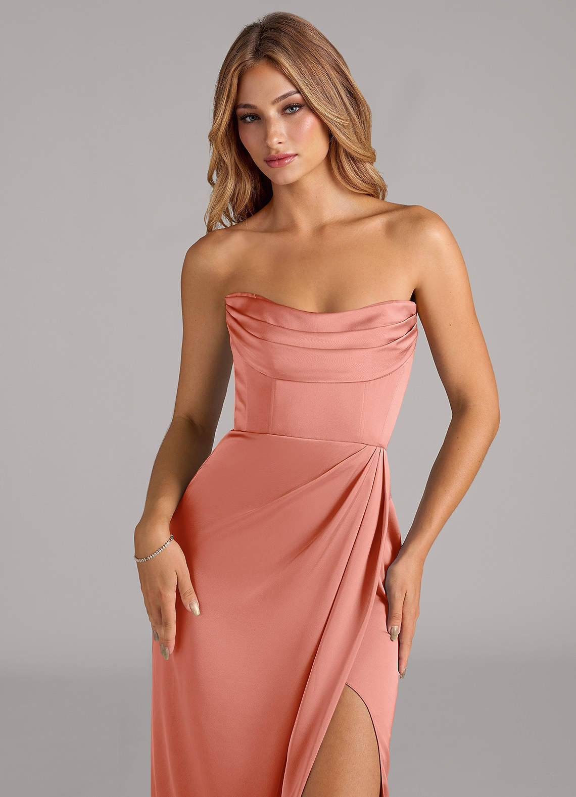 Azazie Johana Coral Stretch Satin Bridesmaid Dresses | Azazie Azazie Johana Coral Stretch Satin Bridesmaid Dresses | Azazie