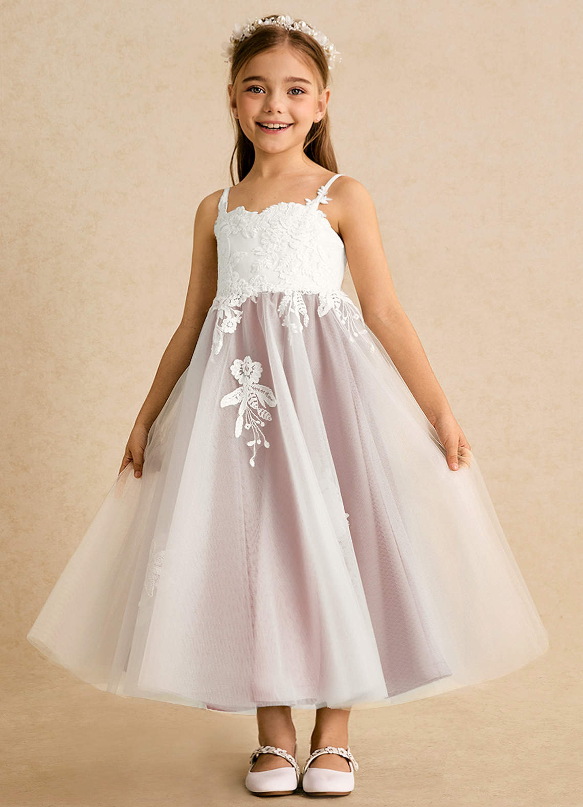 Azazie Coraline vestidos de niña de las flores Vestido de Marfil Oro Rosa de Encaje de Corte en A image3