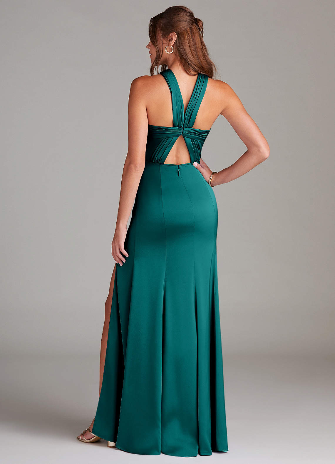 Azazie Rue Bridesmaid Dresses Peacock A-Line Pleated Stretch Satin Dress image6