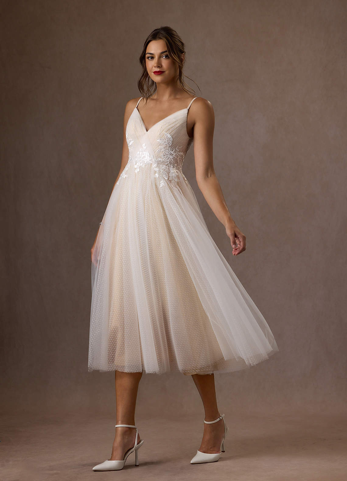Azazie Liana Wedding Dresses Diamond White Champagne A-Line V-Neck Sequins Tulle Dress image2