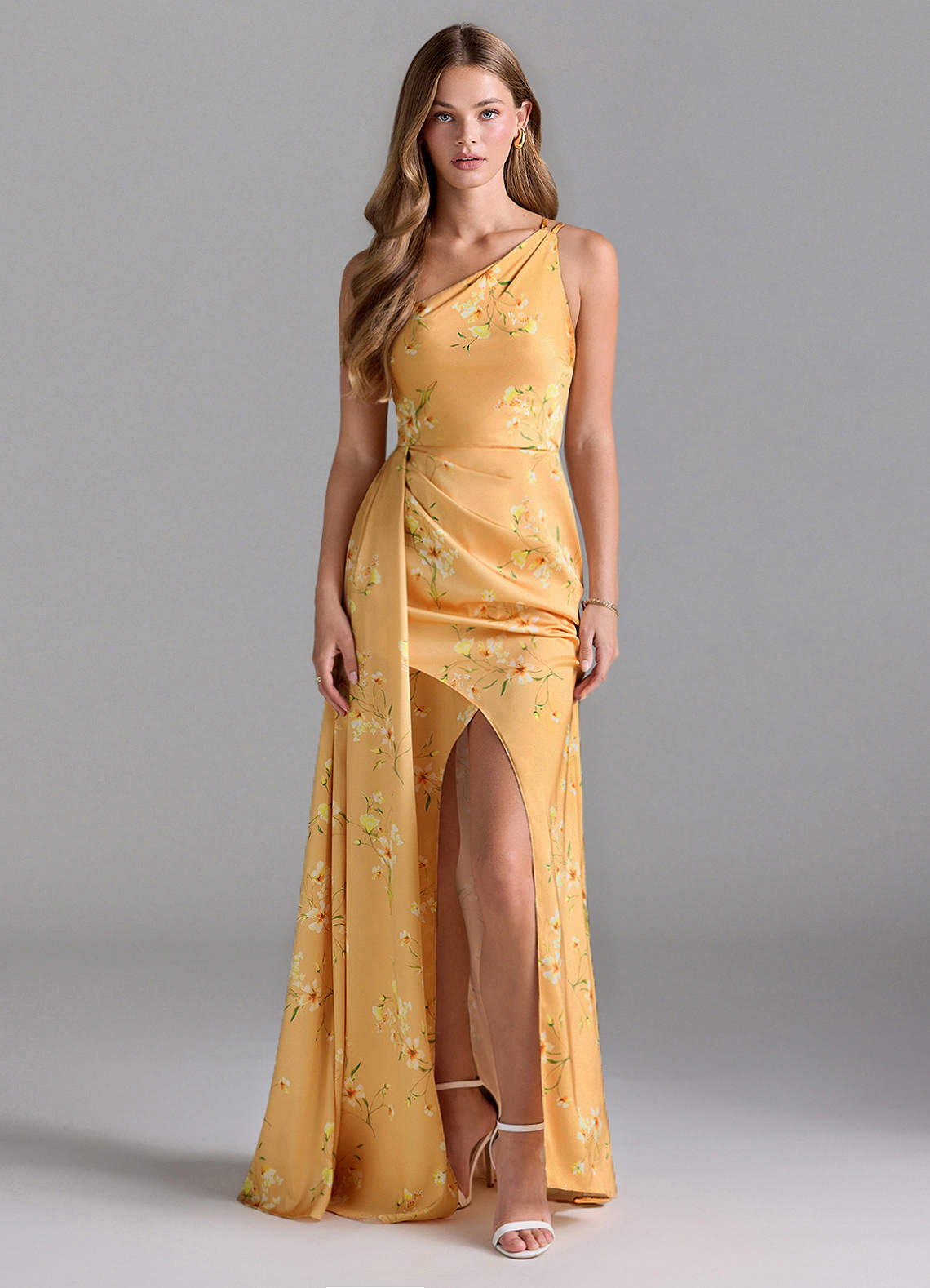 Azazie Maron Bridesmaid Dresses Golden Blooms A-Line One Shoulder Stretch Satin Dress image1