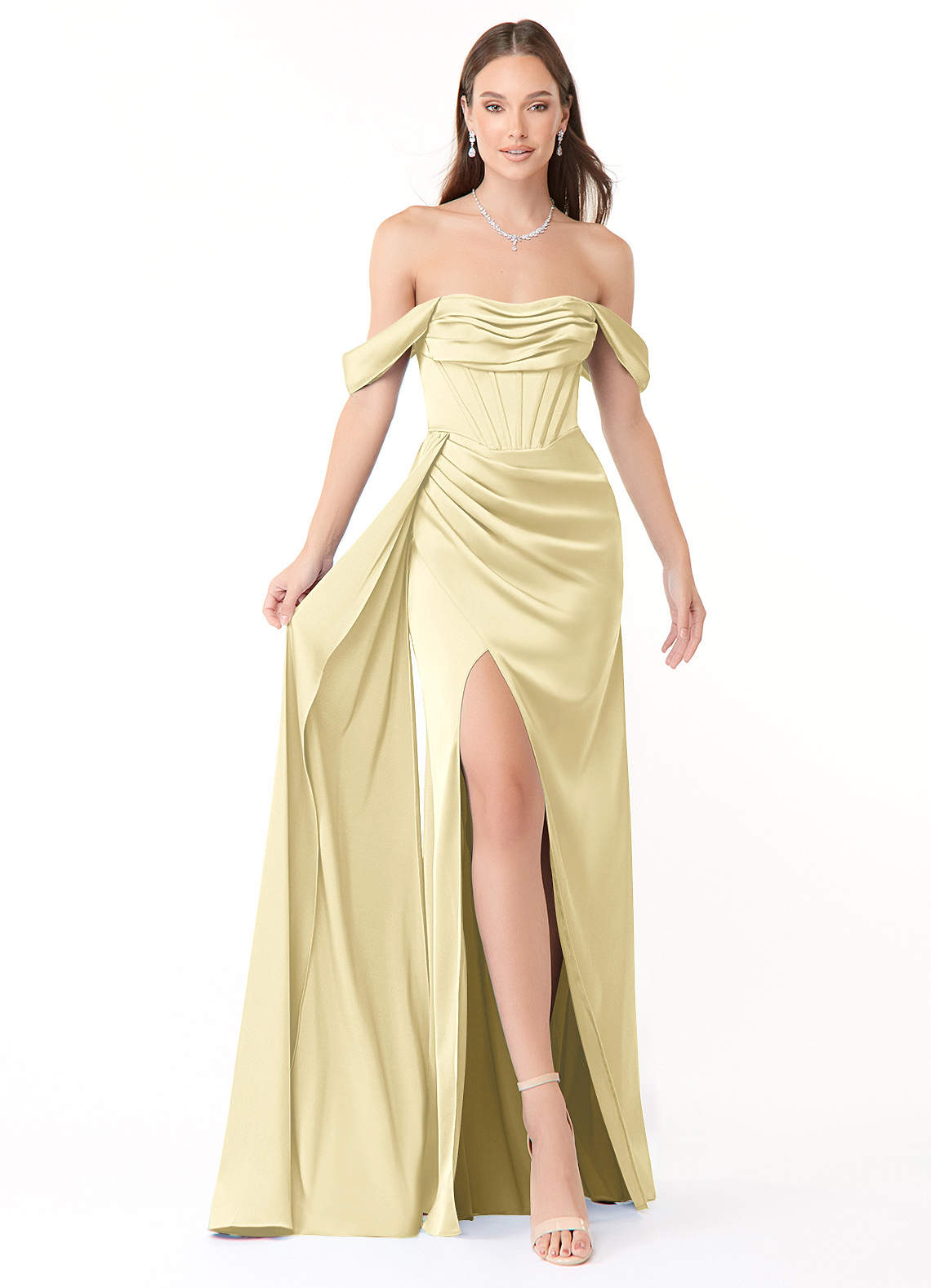 Azazie Amyra Bridesmaid Dresses Lemon Sorbet Mermaid Off the Shoulder Stretch Satin Convertible Dress image1