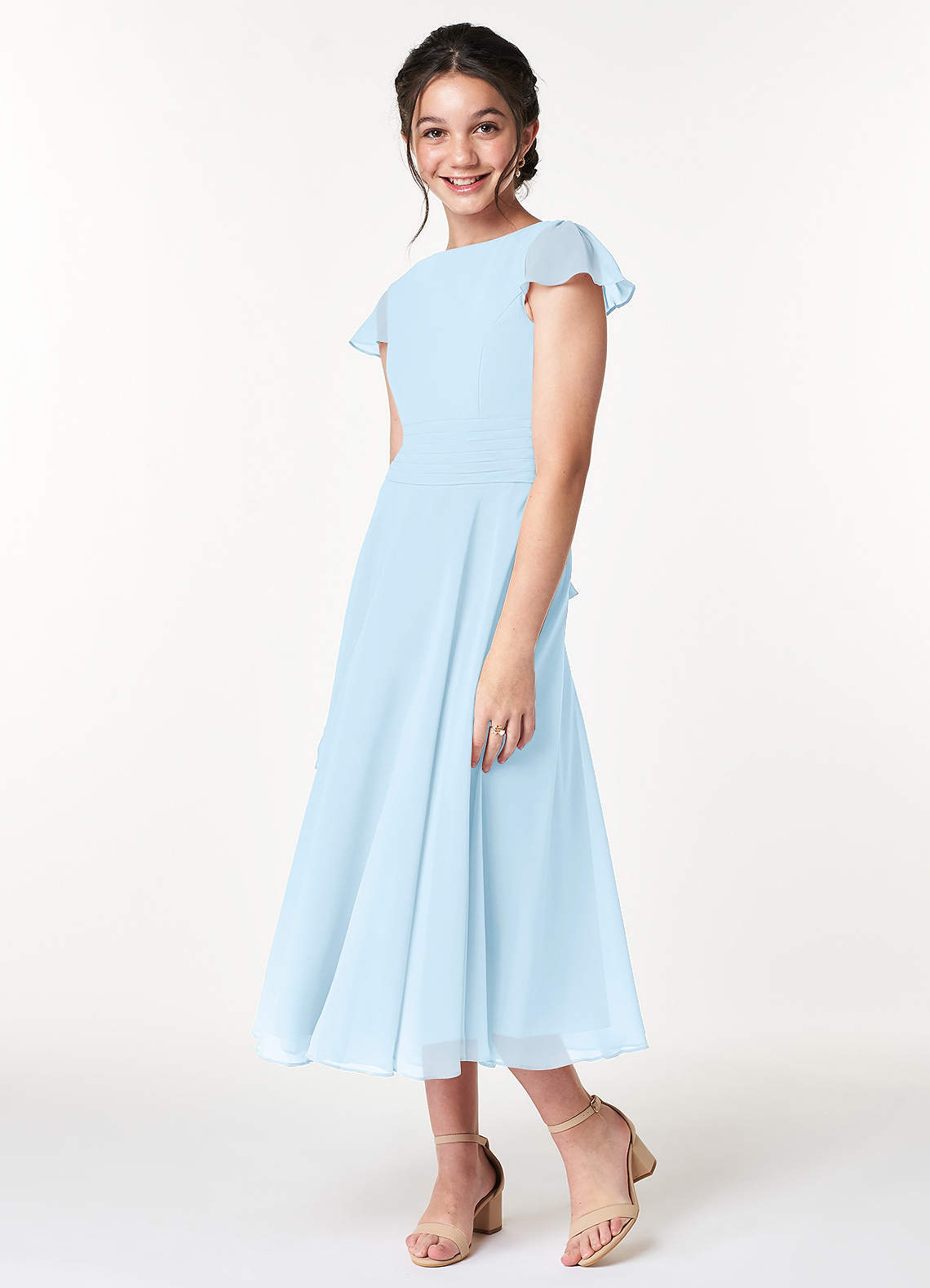 Azazie Payton A-Line Bow Chiffon Tea-Length Junior Bridesmaid Dress image1