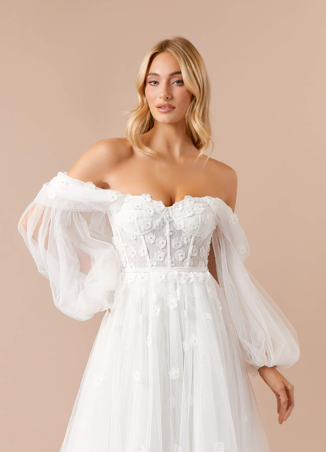 Azazie Airellie Wedding Dresses Diamond White A-Line Off the Shoulder Tulle Dress image5