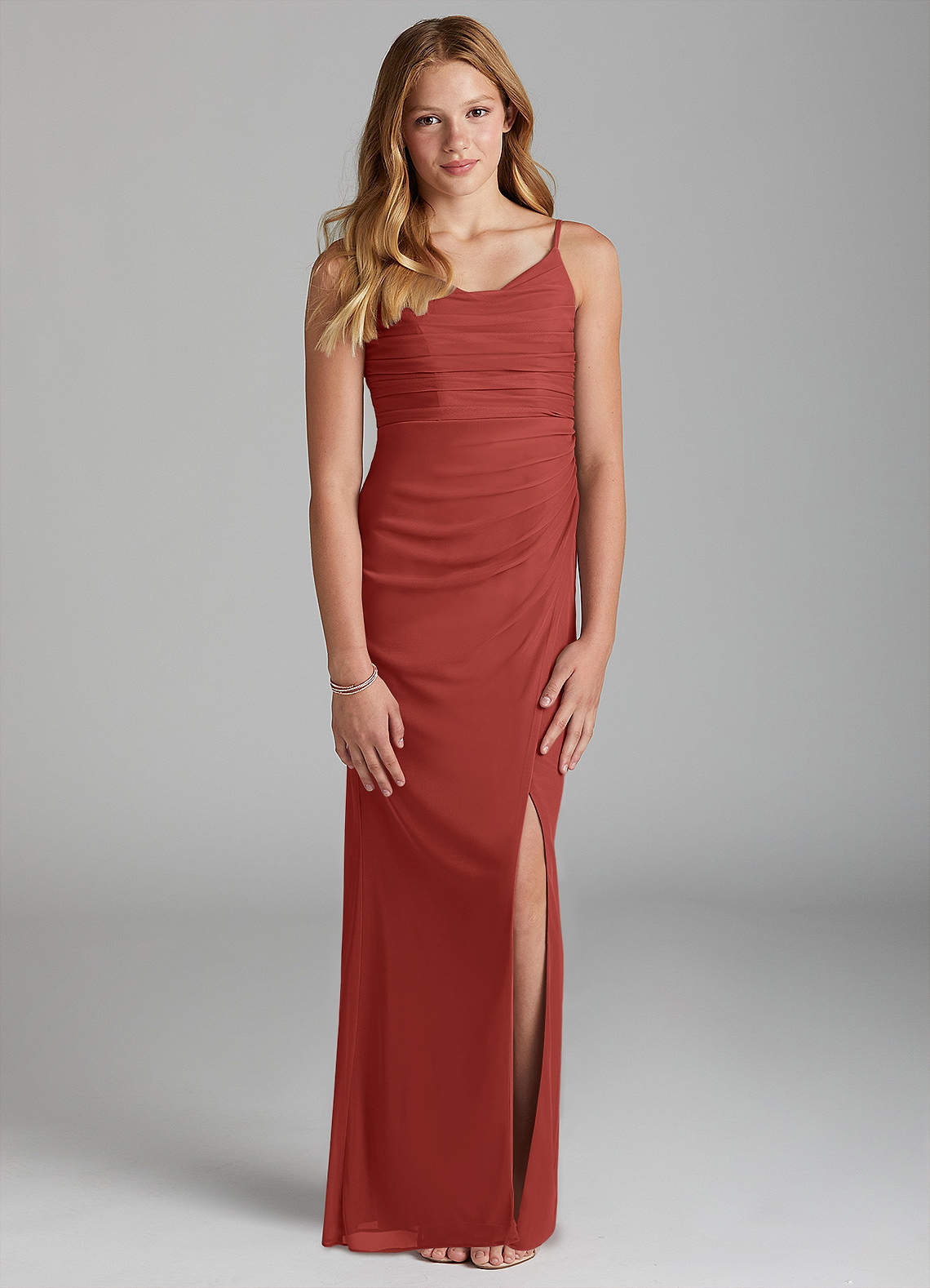Azazie Deandra Junior Terracotta Sheath Mesh Dress image1