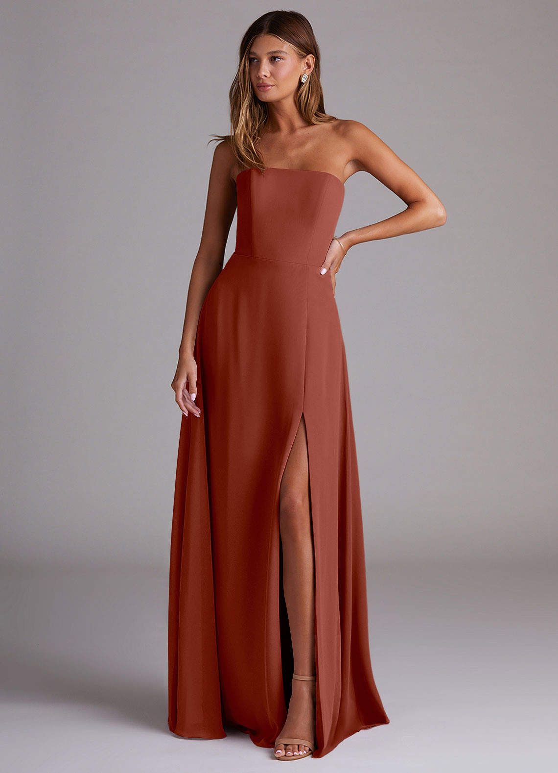 Azazie Wren Bridesmaid Dresses Auburn A-Line Side Slit Chiffon Convertible Dress image1