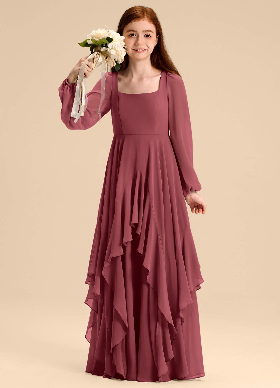 Azazie Clara Junior Abito A-Line in Chiffon Blusa Merlot image1