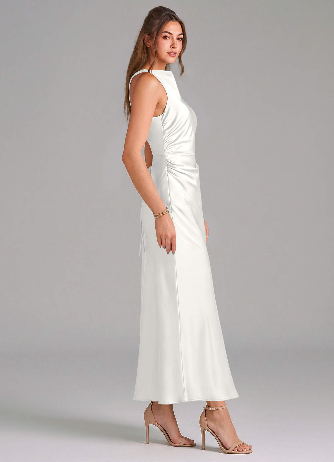 Azazie Evadne Bridesmaid Dresses White Sheath Pleated Stretch Satin Dress image3