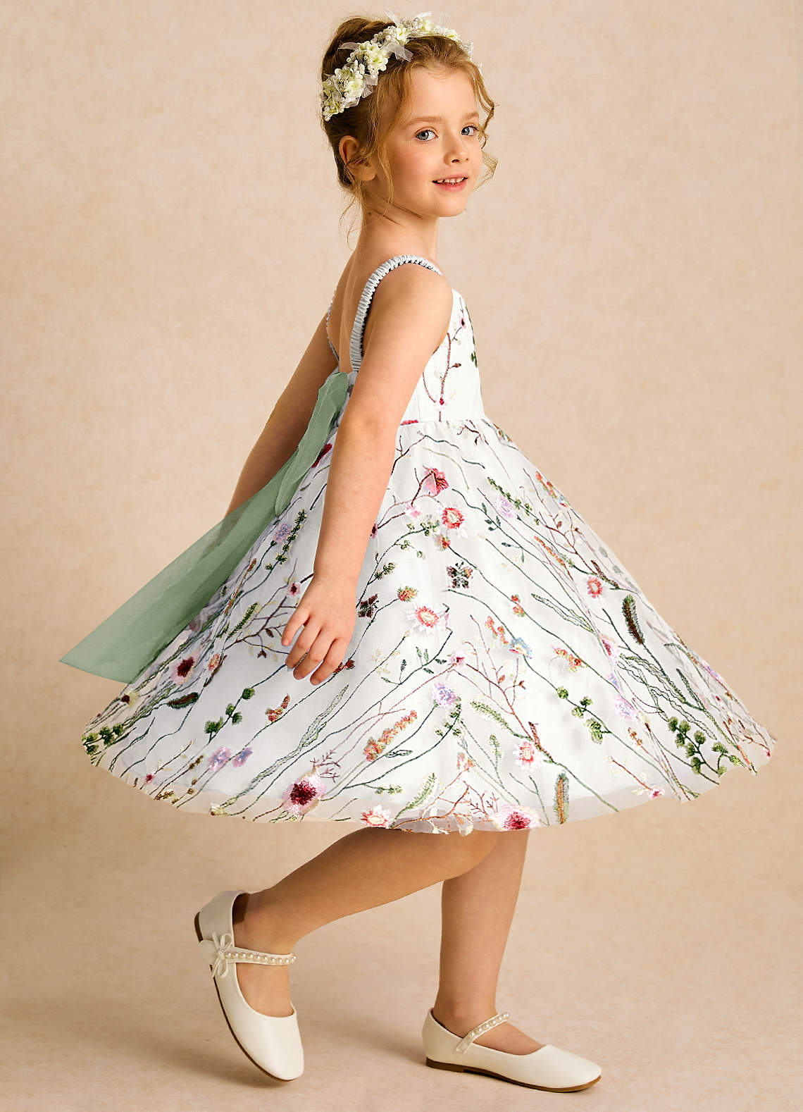Azazie Peppa vestidos de niña de las flores Vestido de Marfil Salvia Polvorienta de Tul de Corte En A con Escote de Corazón image3