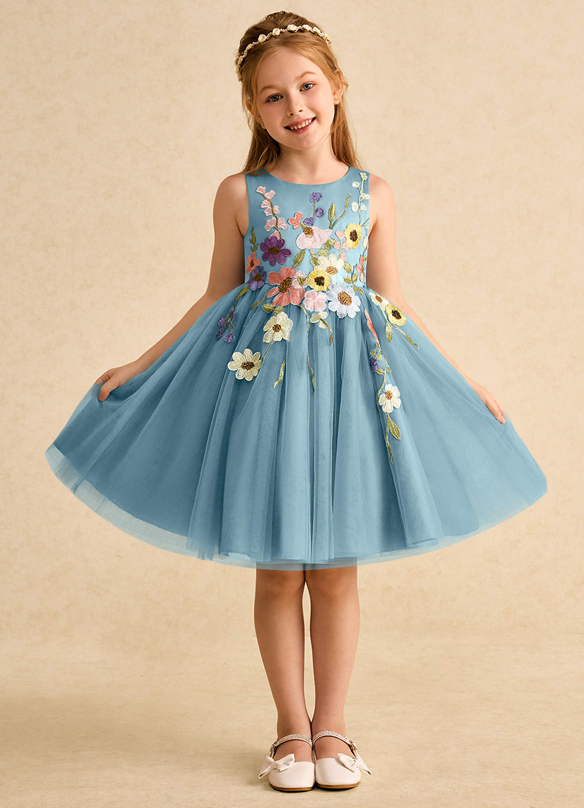 Azazie Prima Robe Demoiselle D'honneur Fillette Robe Trapèze en Tulle Arc Bleu Maussade image1