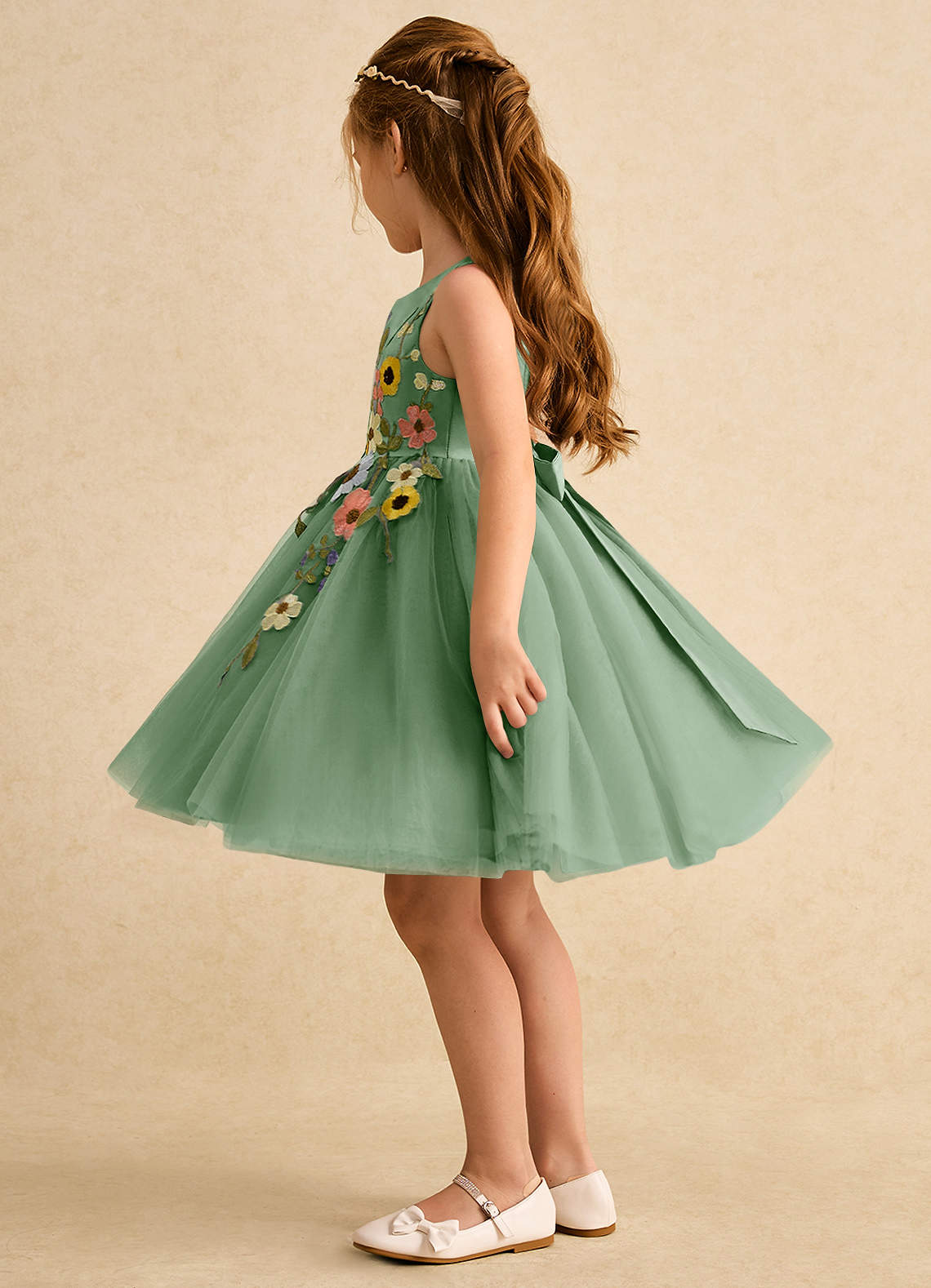 Azazie Prima Robe Demoiselle D'honneur Fillette Robe Trapèze en Tulle Arc Matcha image3