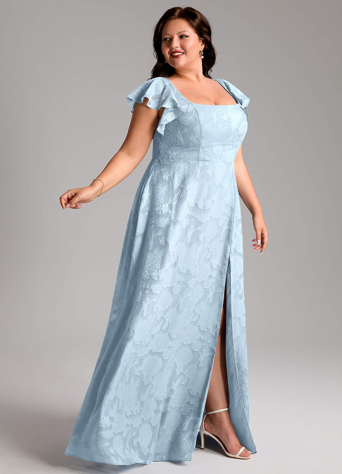 Azazie In-Stock Plus Size Bridesmaid Dresses A-Line Square Neck Floor-Length Floral Burnout - Sky Blue