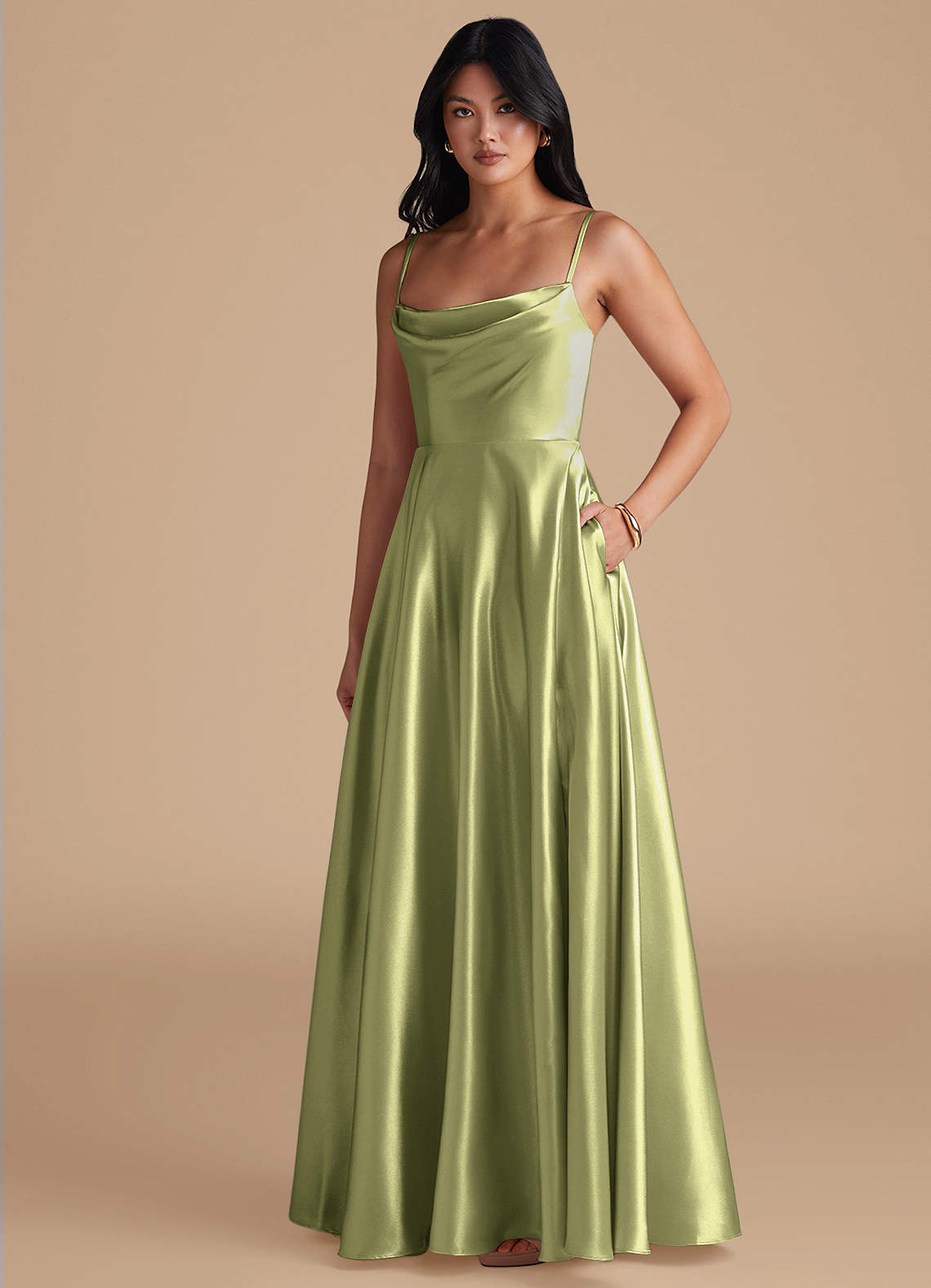 Azazie Elle Vestidos de madrinha de casamento Vestir Pistache de Cetim Metálico de Linha A com com bolsos image1
