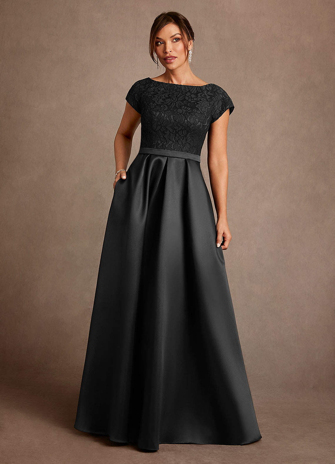 Azazie Albany Black A-Line Pleated Lace Dress Ready to Ship | Azazie Azazie Albany Black A-Line Pleated Lace Dress Ready to Ship | Azazie
