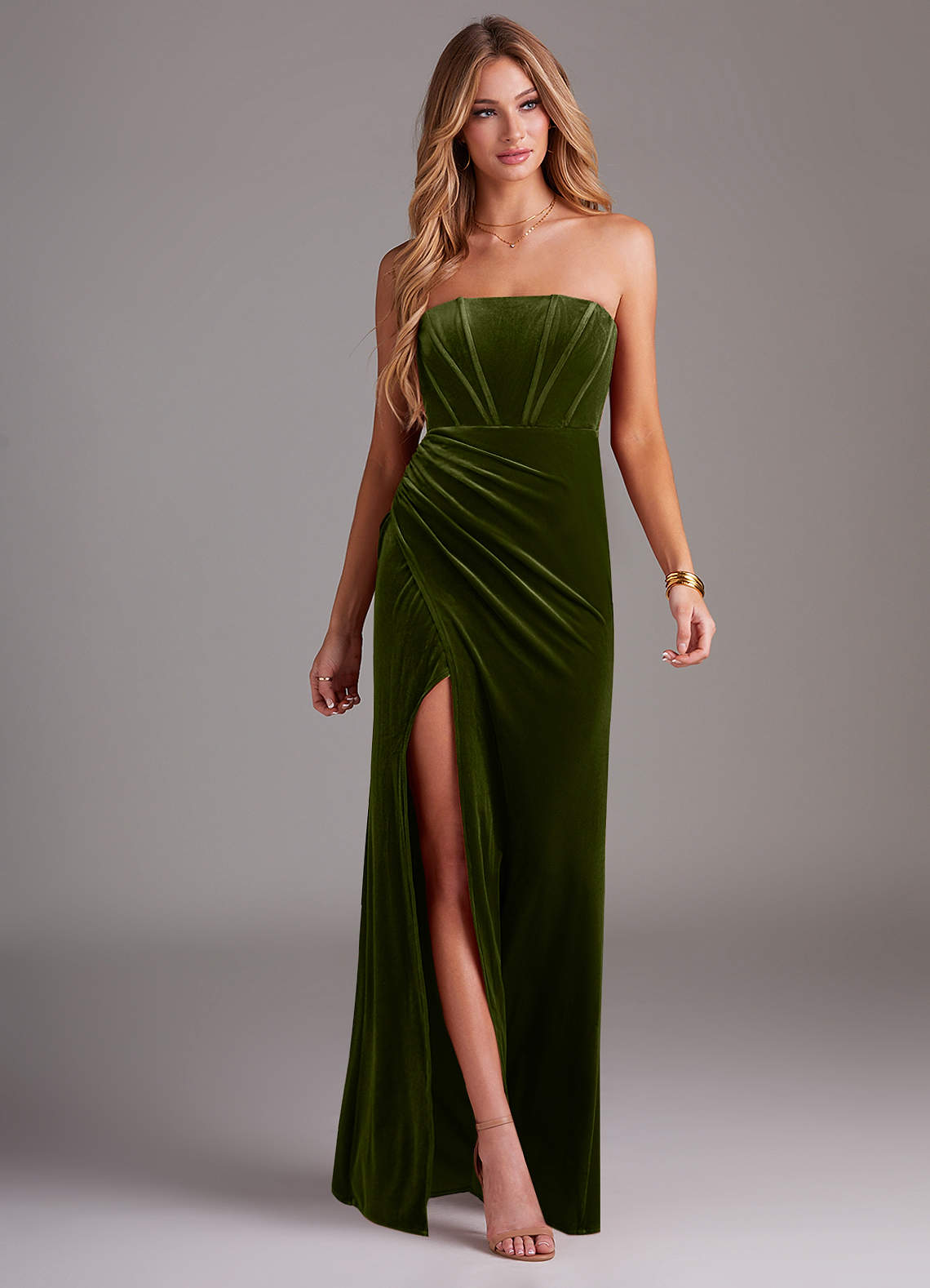 Azazie Larisa Bridesmaid Dresses Olive Sheath Strapless Velvet Convertible Dress image1