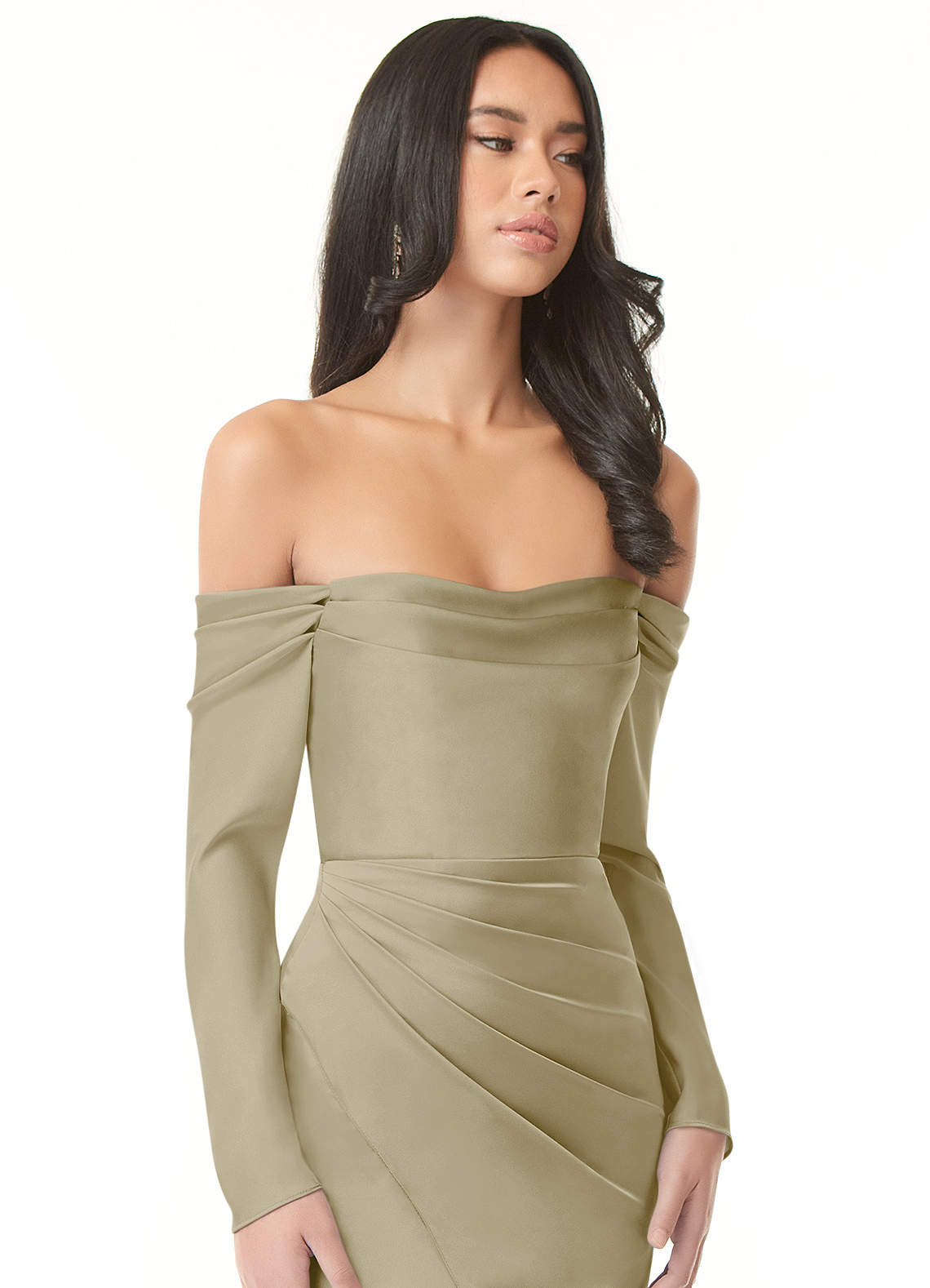 Azazie Hallie Bridesmaid Dresses Moss Green Sheath Off-The-Shoulder Long Sleeve Stretch Satin Convertible Dress image1