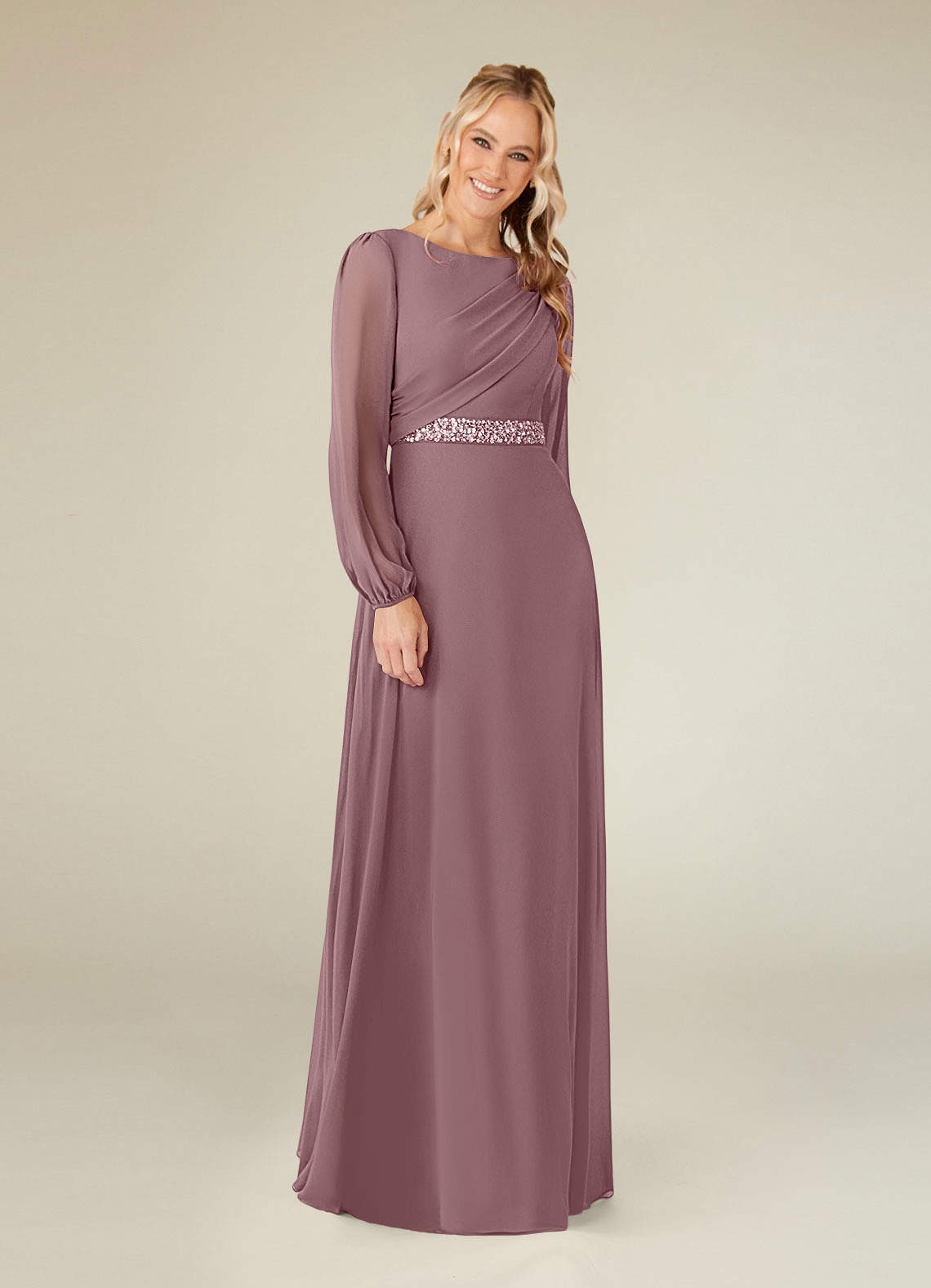 Azazie Priyanka Mother of the Bride Dresses Dusty Rose A-Line Boatneck Pleated Chiffon Dress image1