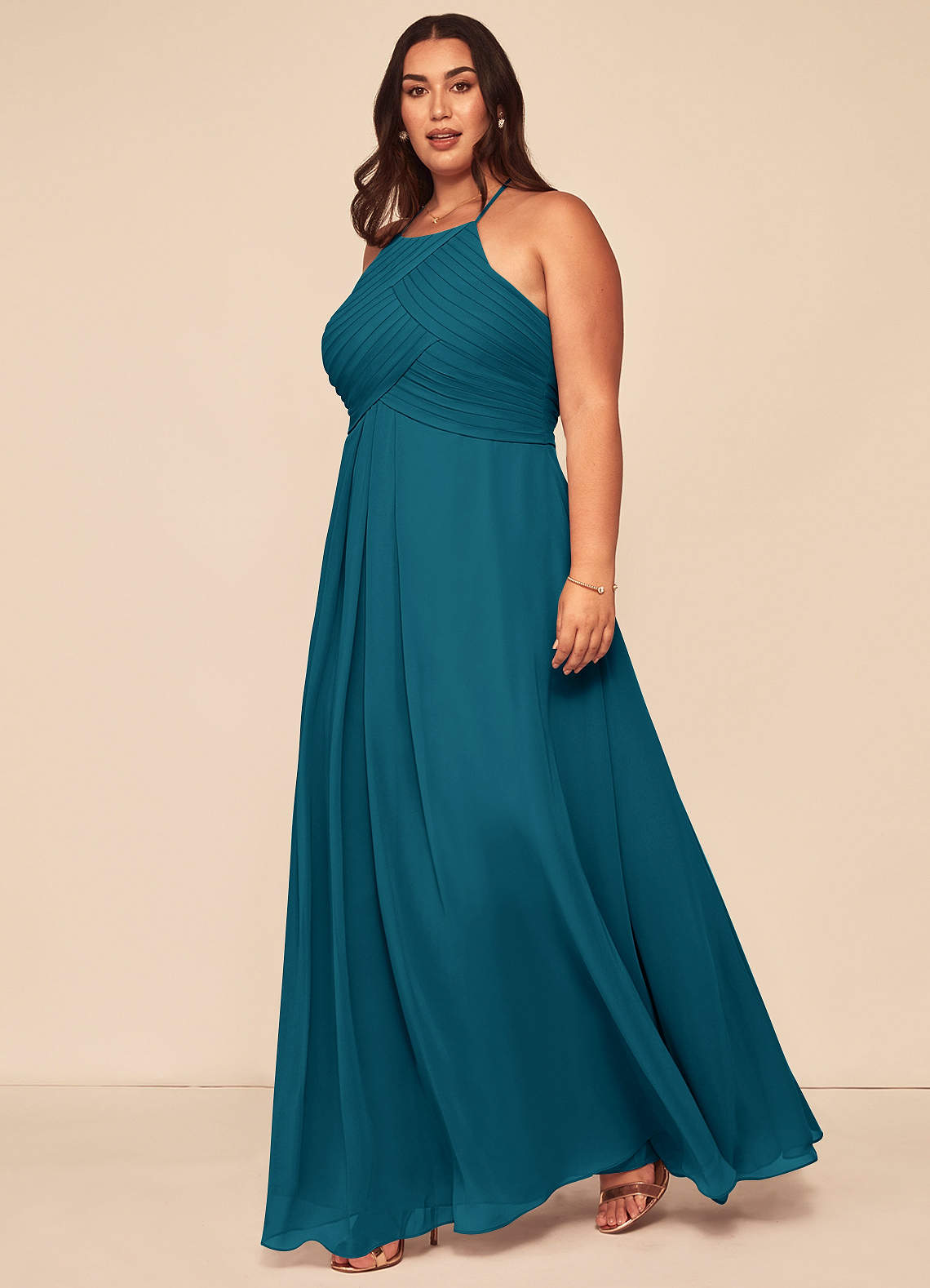 Azazie Ginger Bridesmaid Dresses Ink Blue A-Line Halter Pleated Chiffon Dress image1