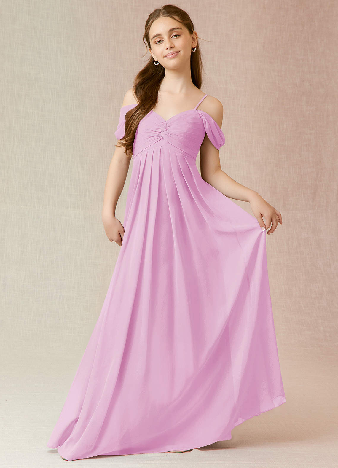 Azazie Kaitlynn Junior Candy Pink A-Line Off the Shoulder Chiffon Dress image1