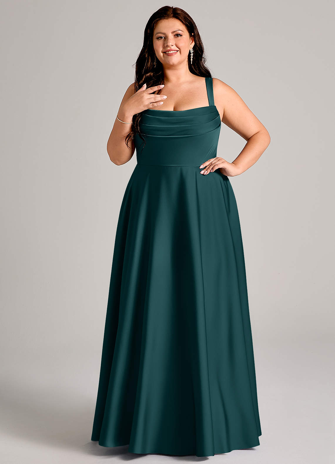 Azazie Shaude Bridesmaid Dresses Pine A-Line Pleated Stretch Satin Dress image1