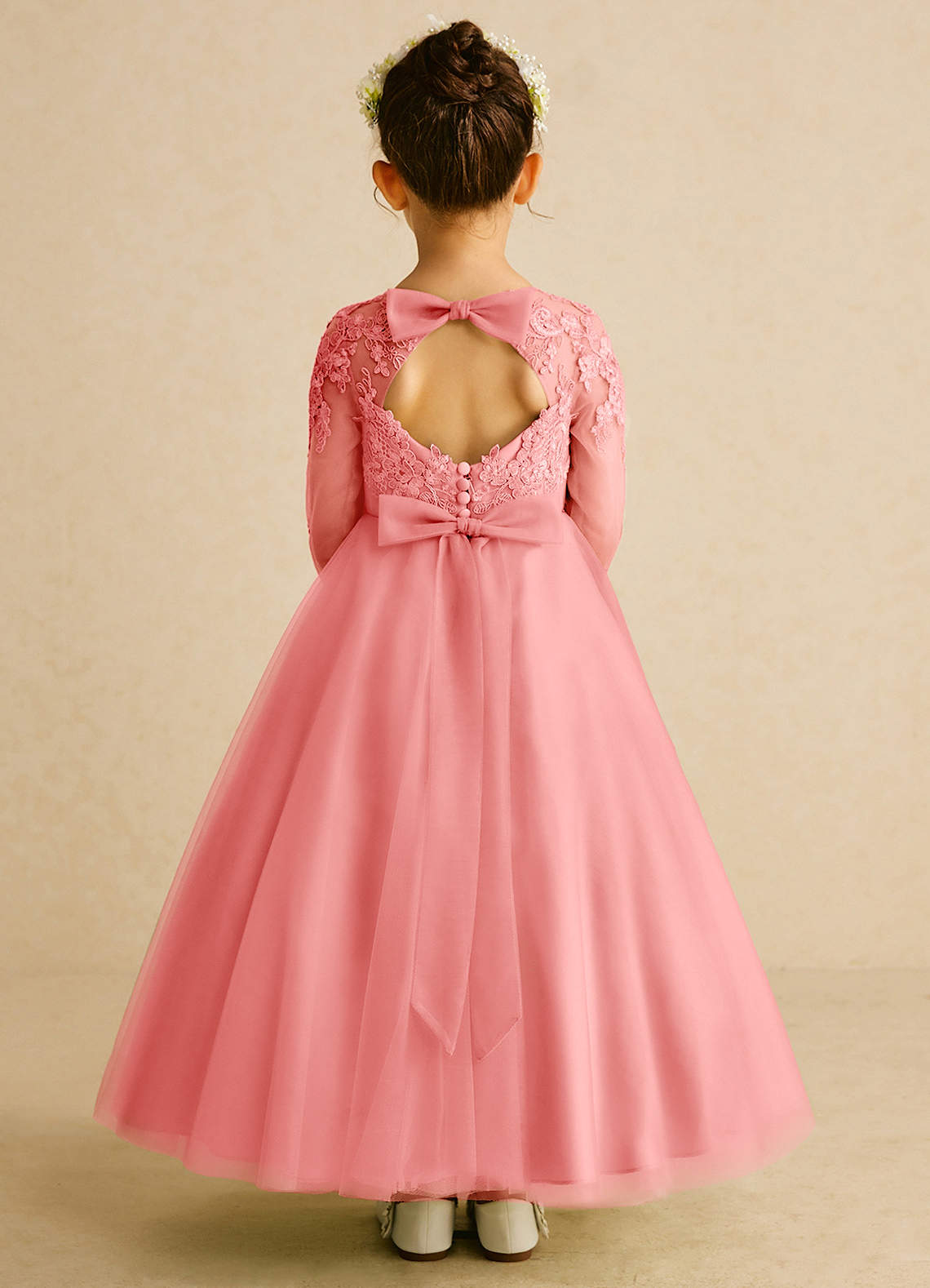 Azazie Precious Blumenmädchenkleider A-Linie Spitze Tüll Kleid Koralle image1