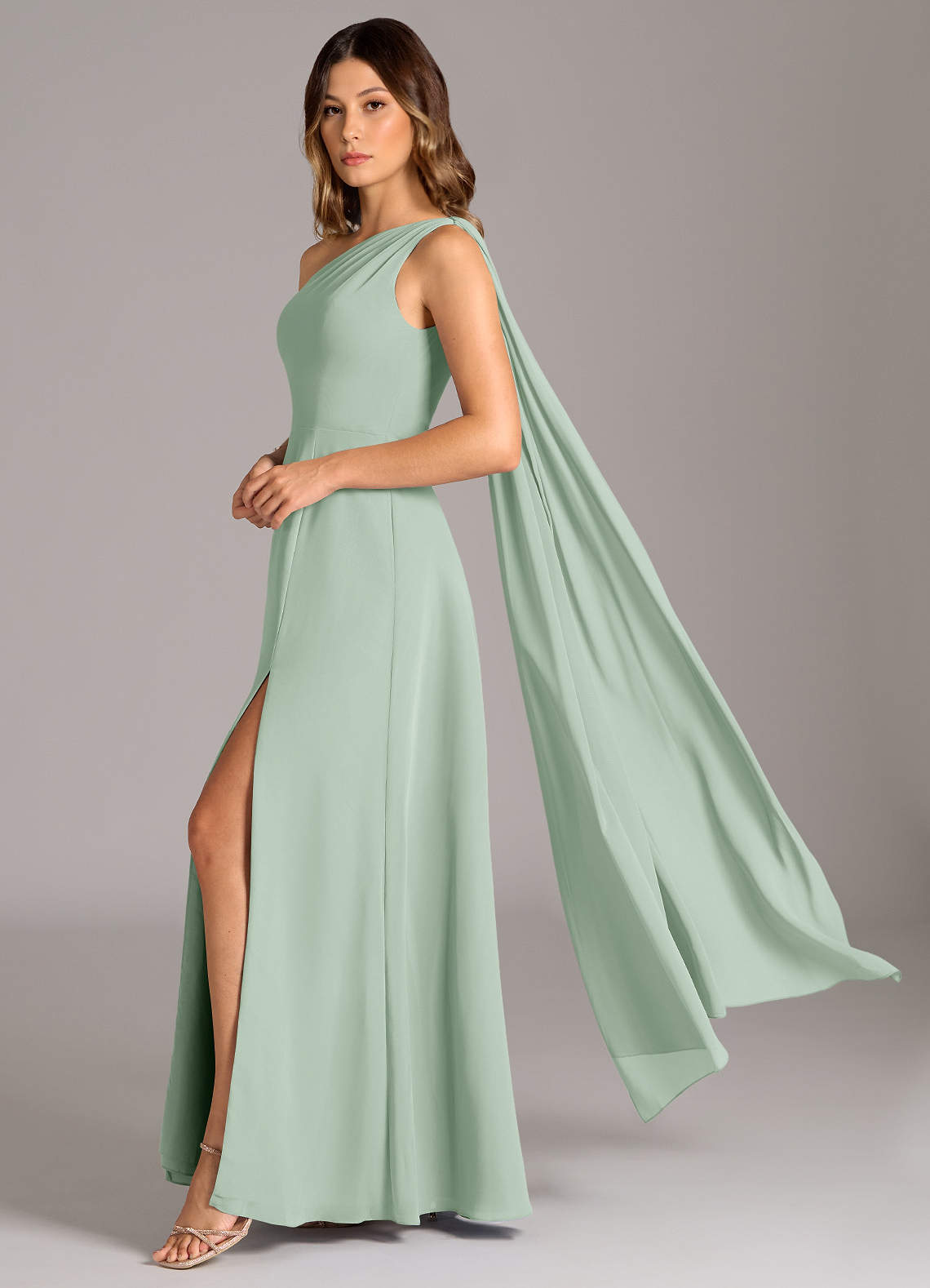 Azazie Tella Bridesmaid Dresses Agave A-Line One Shoulder Chiffon Dress image1