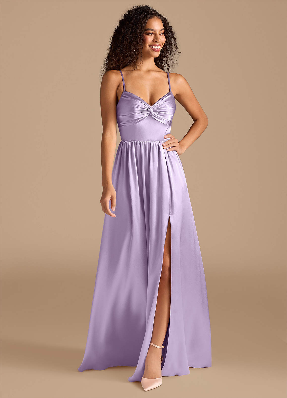 Azazie Zeya Bridesmaid Dresses Lilac A-Line Pleated Metallic Satin Dress image1