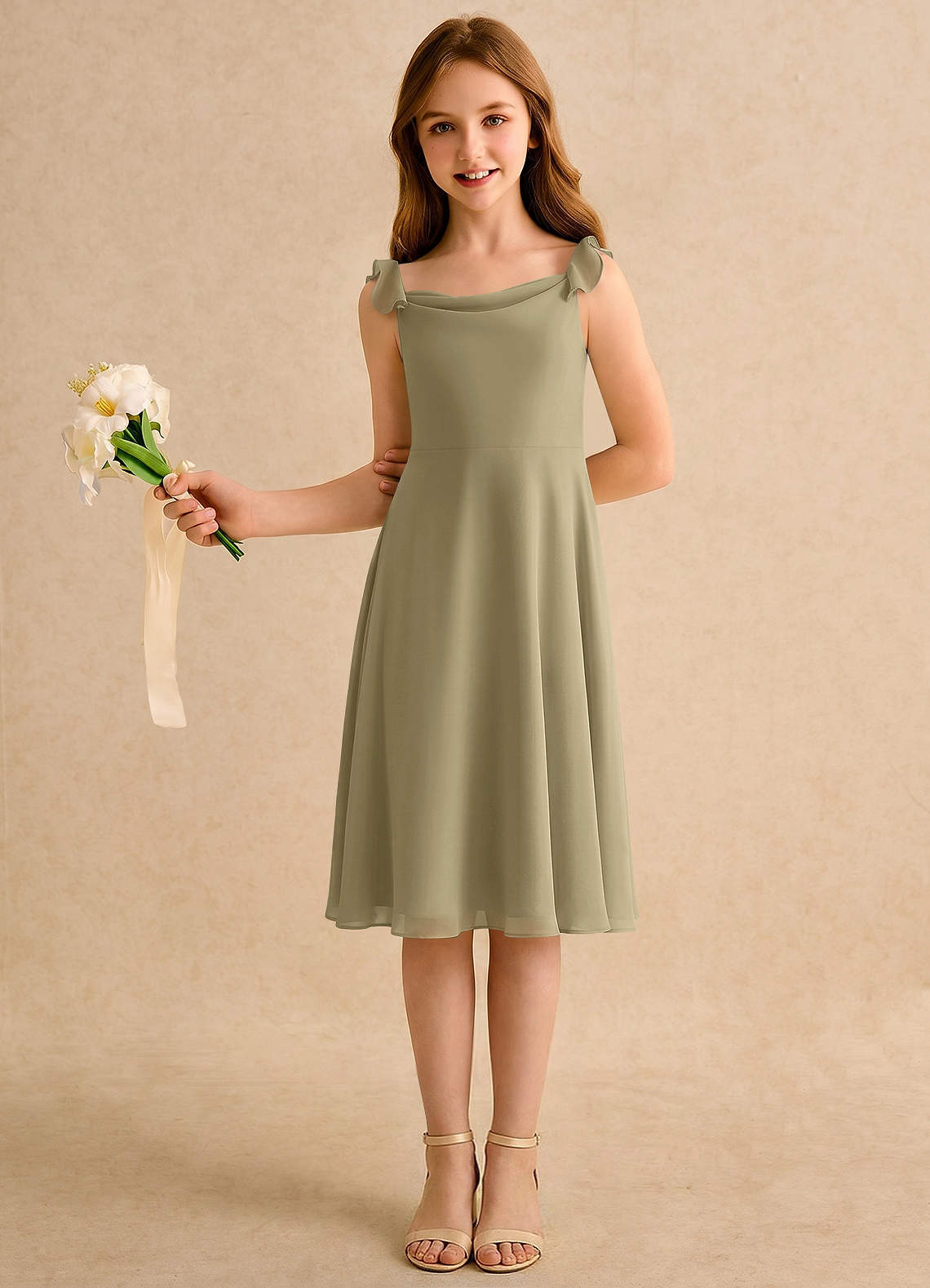 green chiffon dress knee length Azazie A-Line/Princess V-Neck Knee-Length Flower Girl Dresses beaded corset gown