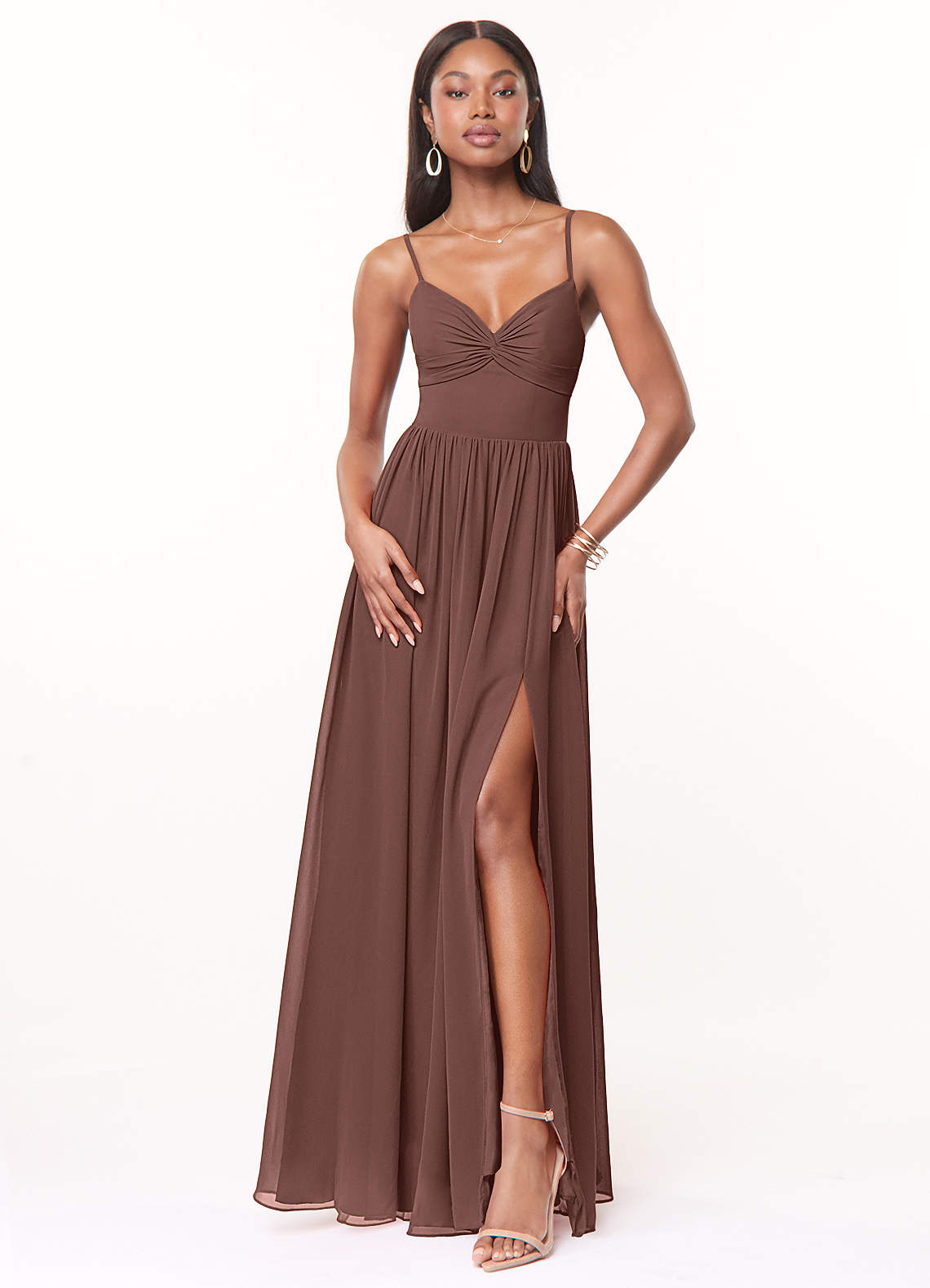 Azazie Zeya Bridesmaid Dresses Espresso A-Line V-Neck Pleated Chiffon Dress image1
