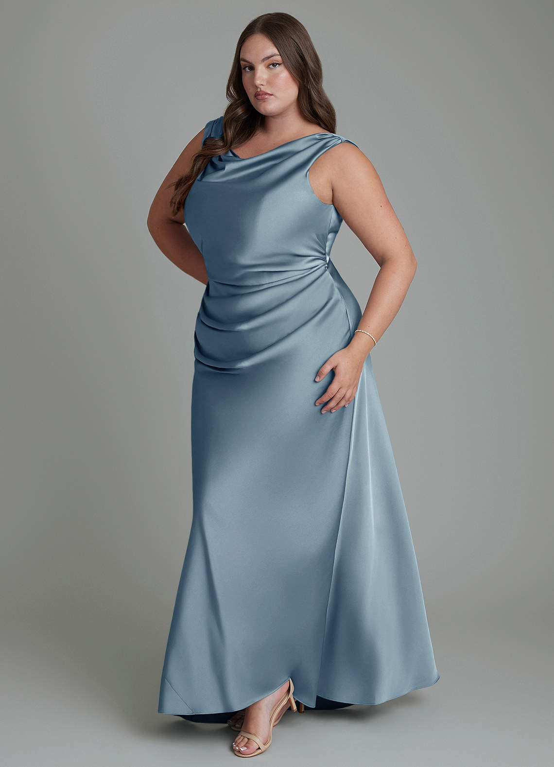 Azazie Kieryn Bridesmaid Dresses Dusty Blue Mermaid Pleated Stretch Satin Dress image10