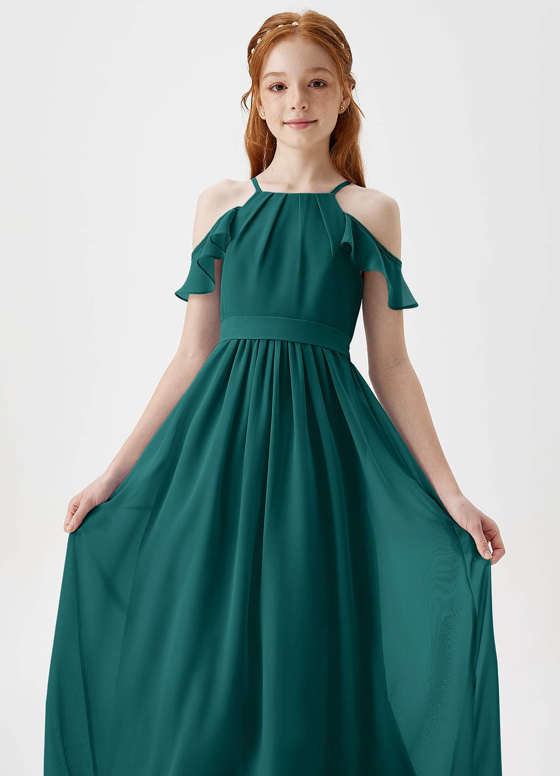 Azazie Chaya Junior Peacock A-Line Off the Shoulder Chiffon Dress image1