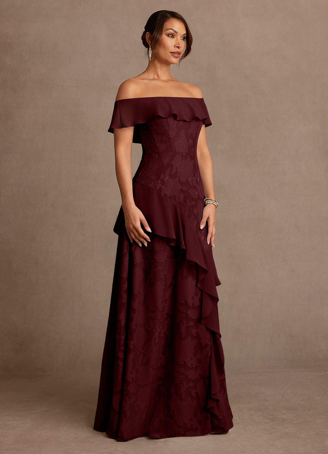 Azazie Marina Cabernet A-Line Off the Shoulder Floral Burnout Dress | Azazie