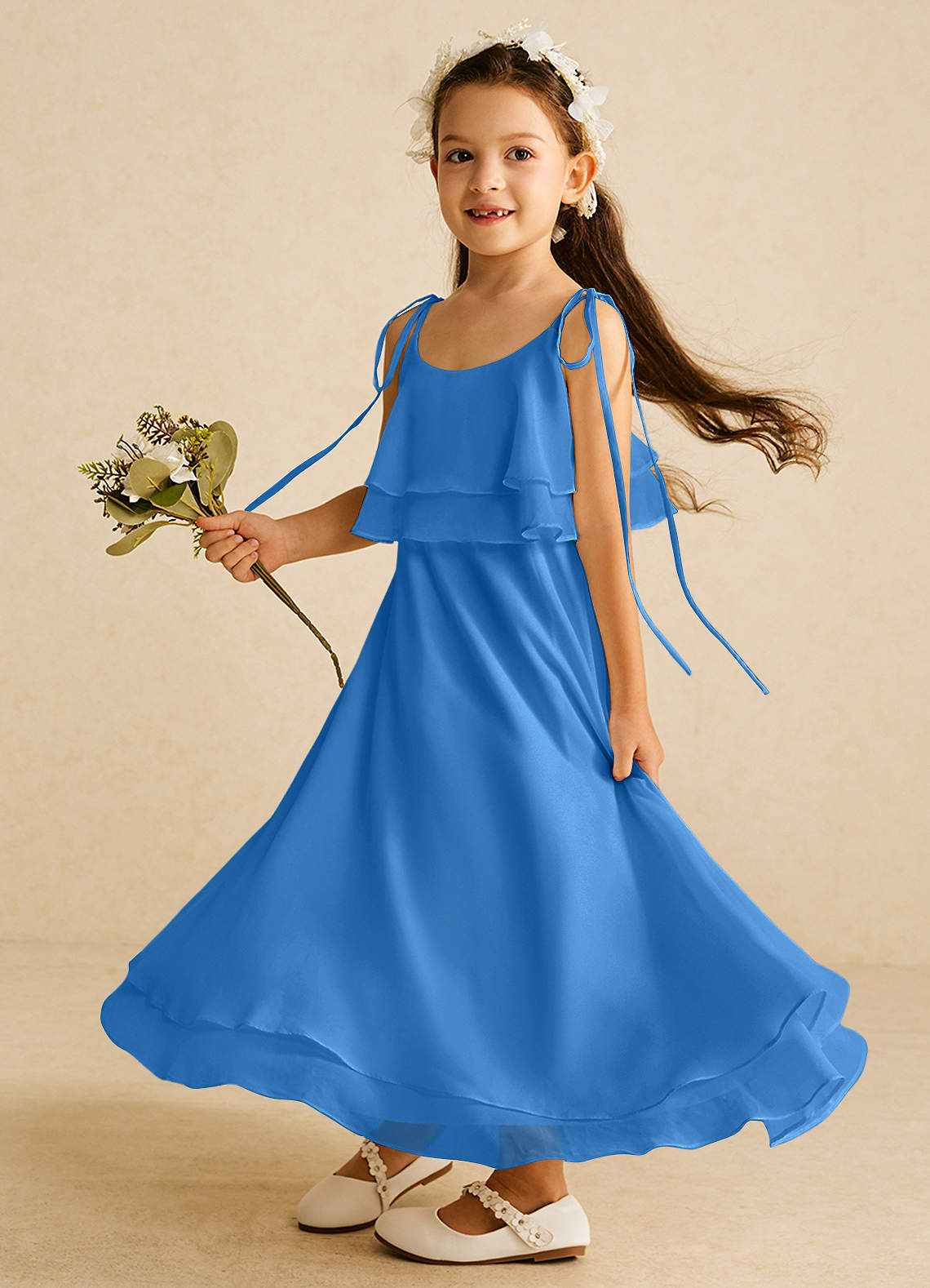 Azazie Temi Jurken voor bloemenmeisjes A-Lijn Jurk van Chiffon Spaghetti Bandje Blauwe Gaai image1
