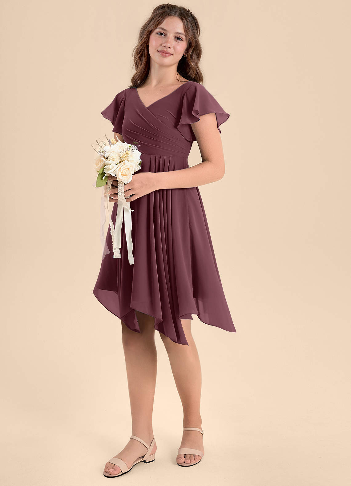Azazie Janeaurelia Junior Robe Trapèze en Mousseline de soie Plissée Sangria image1
