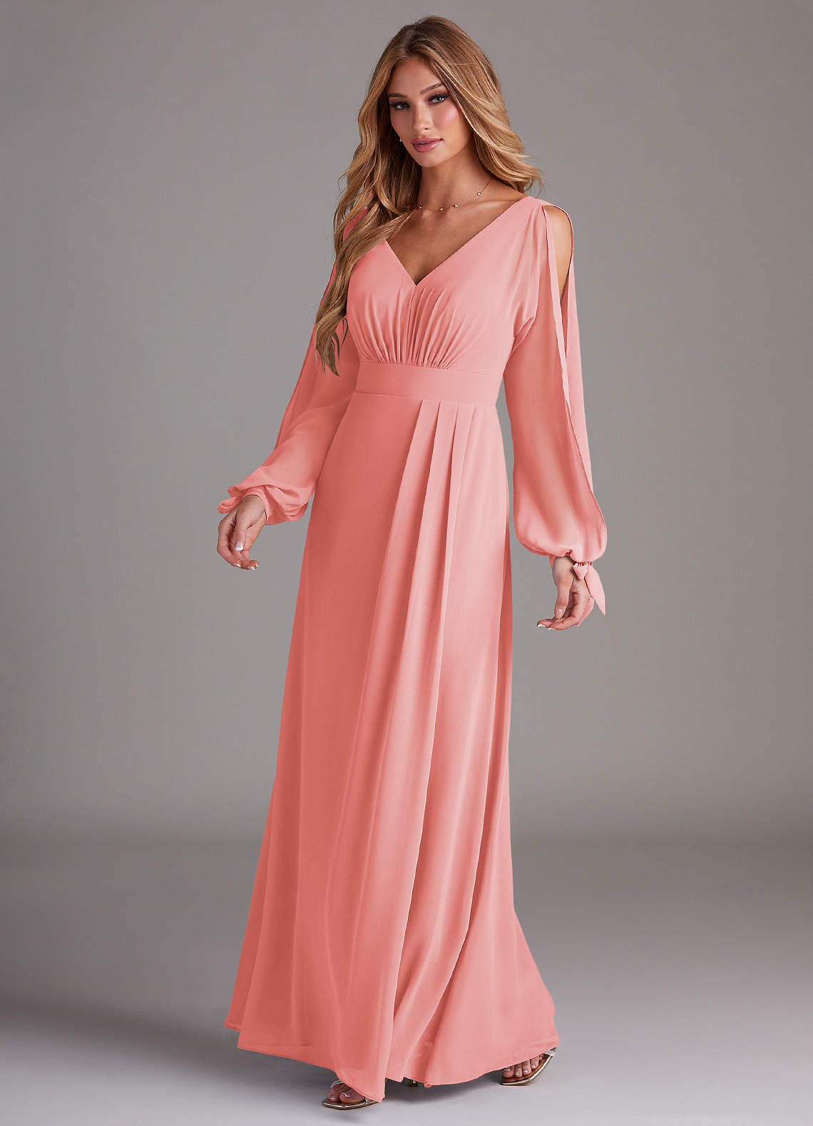 Azazie Matilda Brautjungfernkleider A-Linie Langarm Chiffon Kleid Koralle image1