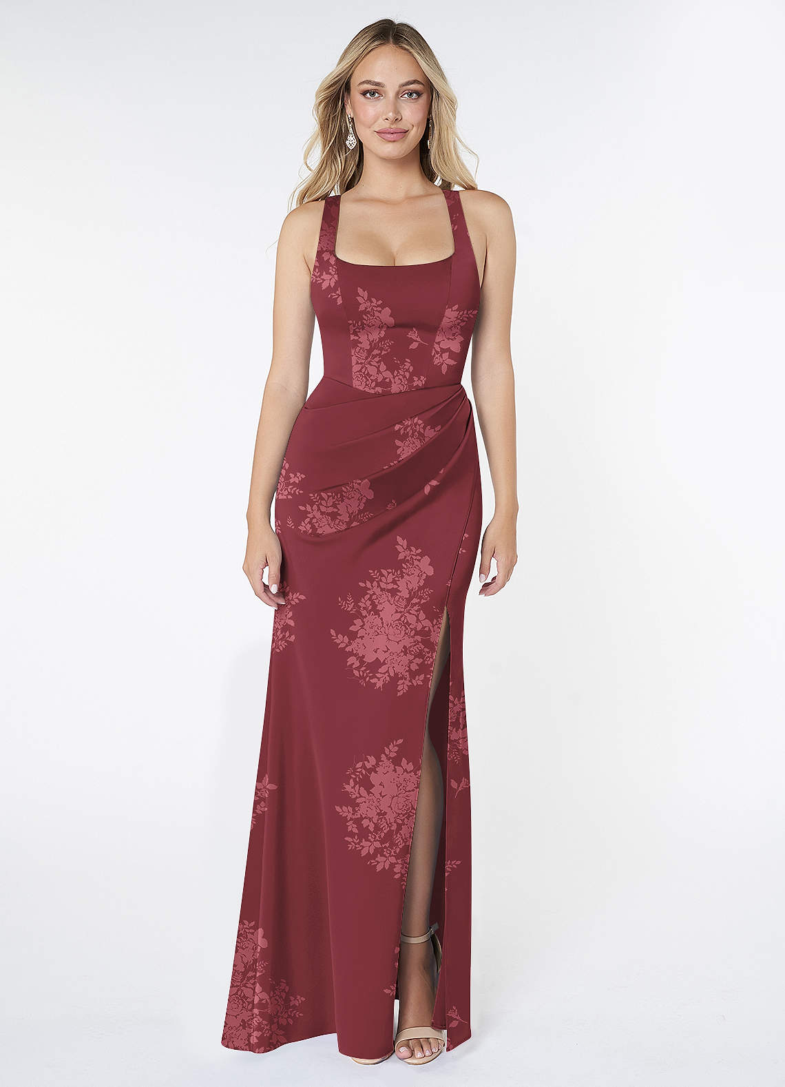 Azazie Mero Vestidos de damas de honor Vestido de Ramo De Flores Burdeos de Satén Elástico de Corte Recto con Plisado image1