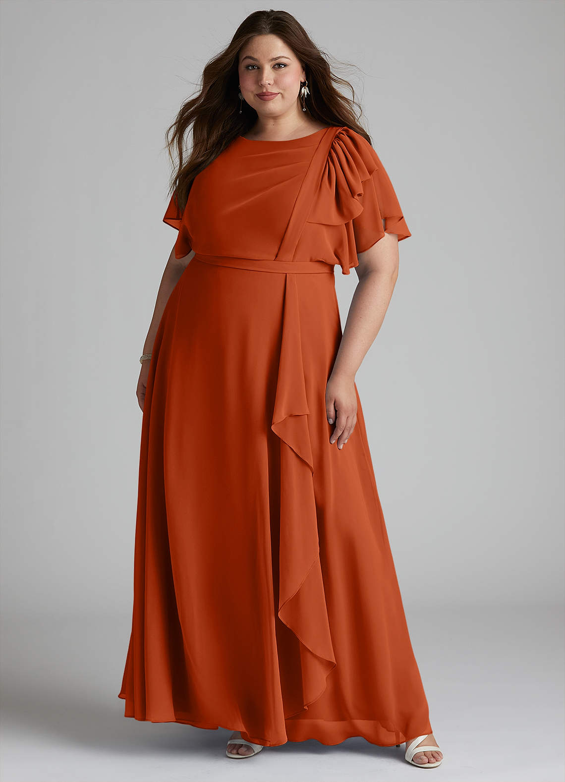 Azazie Aaliyah At-home Try On Dresses A-Line Scoop Pleated Chiffon Floor-Length Dress image5