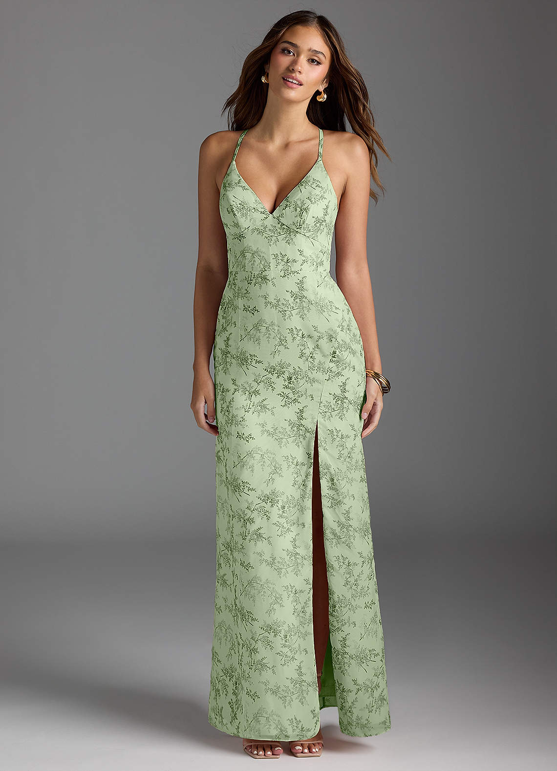 Azazie Becca Jurken voor bruidsmeisjes Jurk van Chiffon met Kolom V-hals Groene Varen Bloemen image1