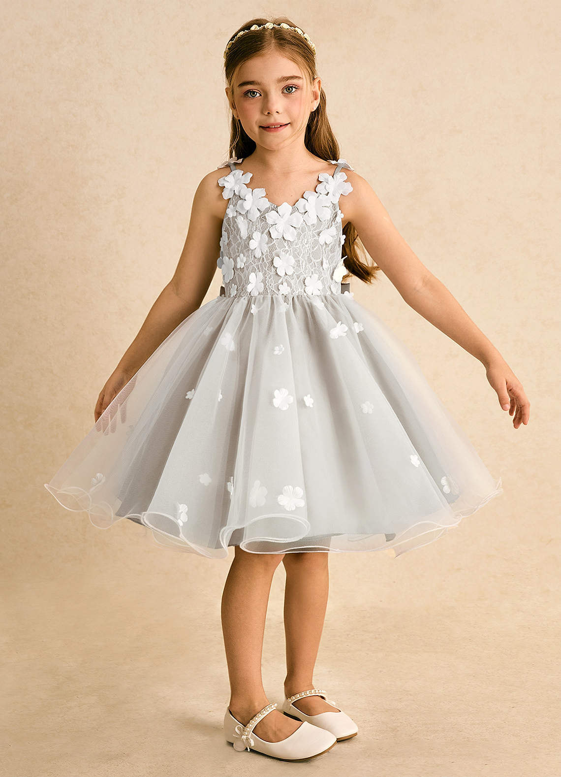 Azazie Junebug Robe Demoiselle D'honneur Fillette Robe Princesse en Tulle Dentelle Ivoire Givre image5