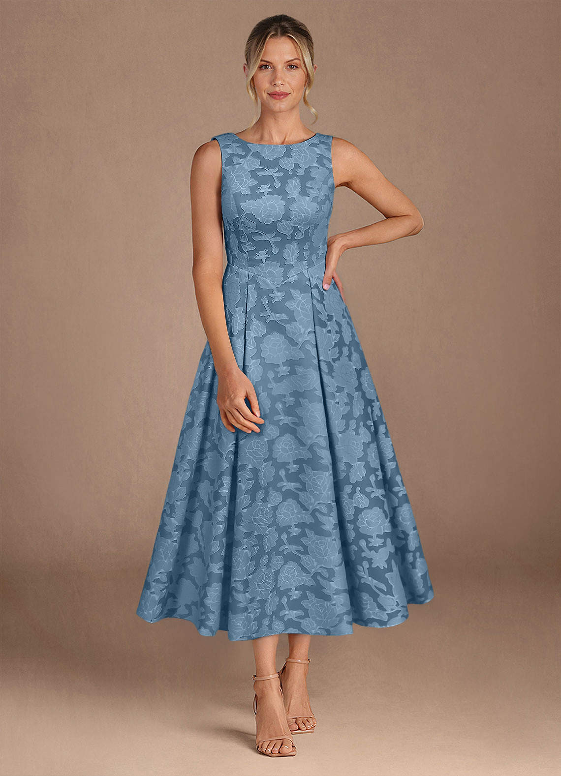 Azazie Fulton Mother of the Bride Dresses Steel Blue A-Line Pleated Floral Burnout Dress image3
