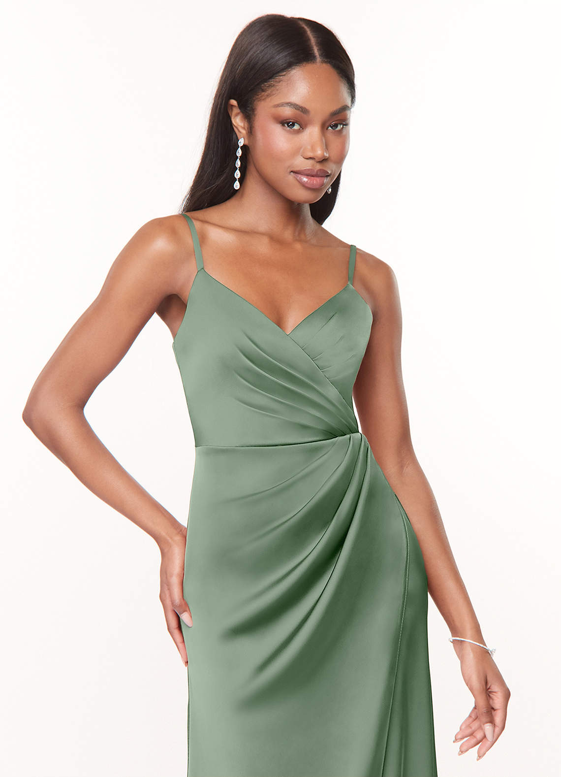 Azazie Maci Bridesmaid Dresses Matcha A-Line V-Neck Pleated Stretch Satin Dress image4