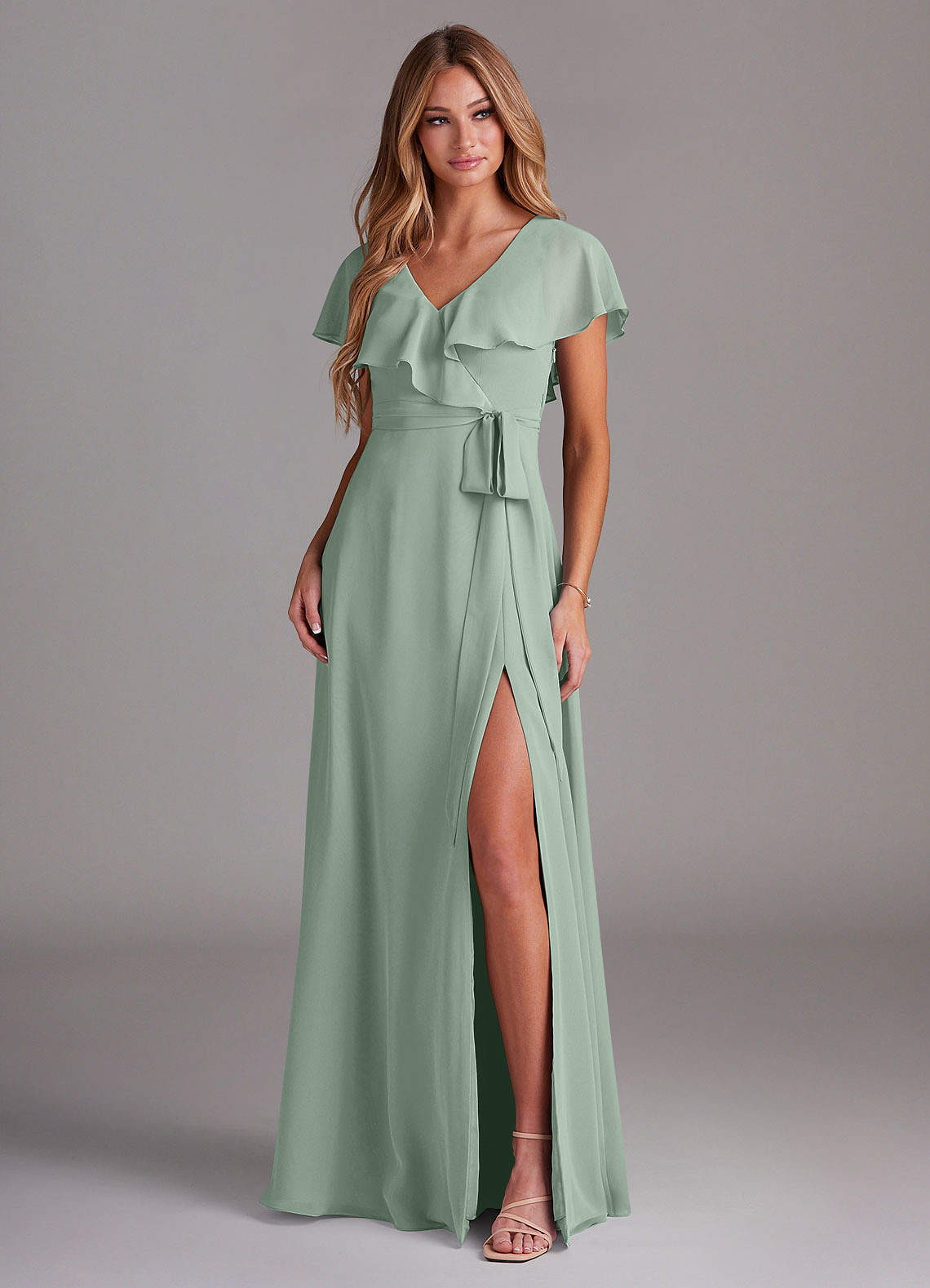 Azazie Lainey Bridesmaid Dresses Agave A-Line with Pockets Chiffon Dress image2