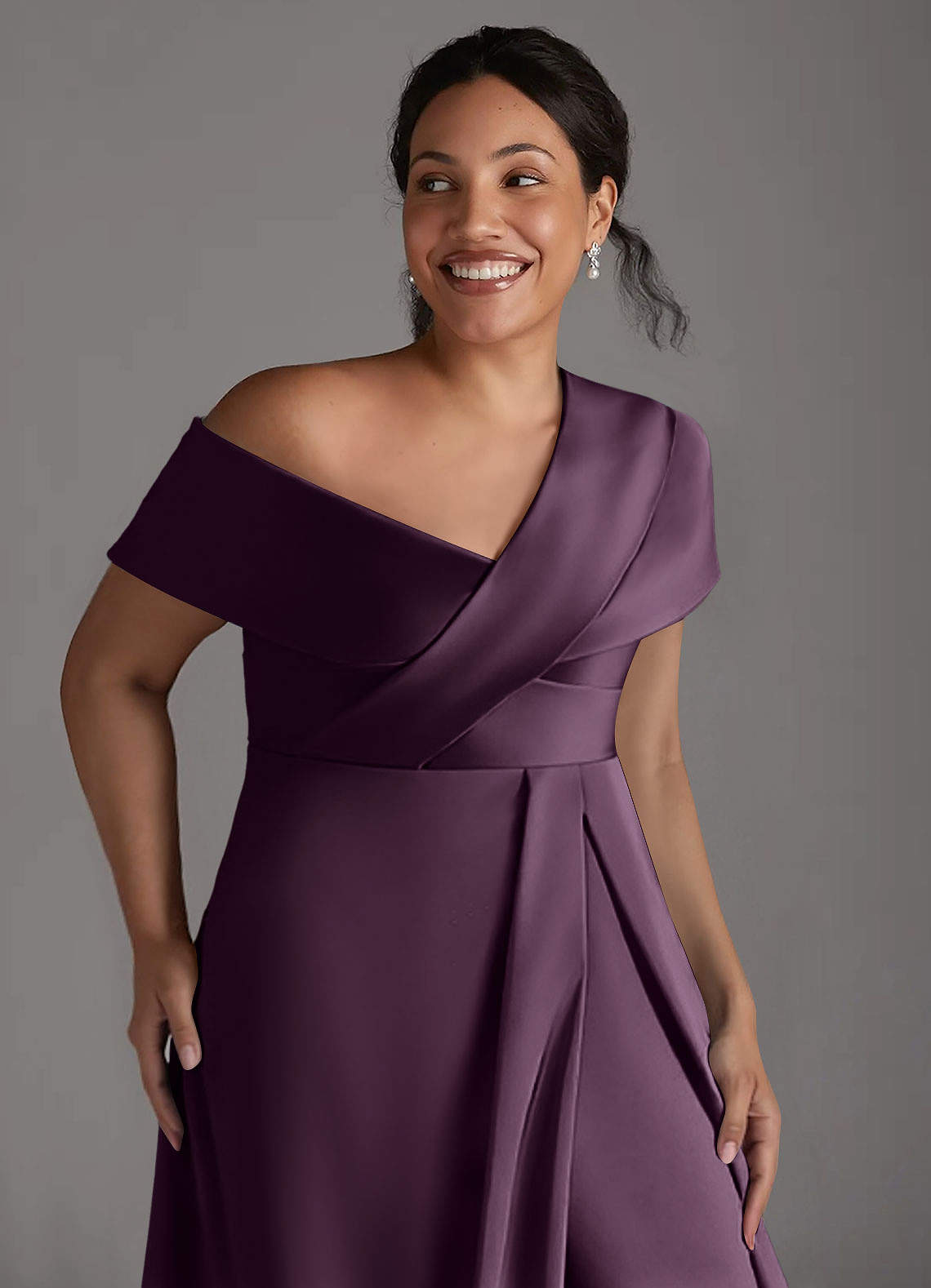 Azazie Milton Mother of the Bride Dresses Plum A-Line Pleated Stretch Satin Dress image12