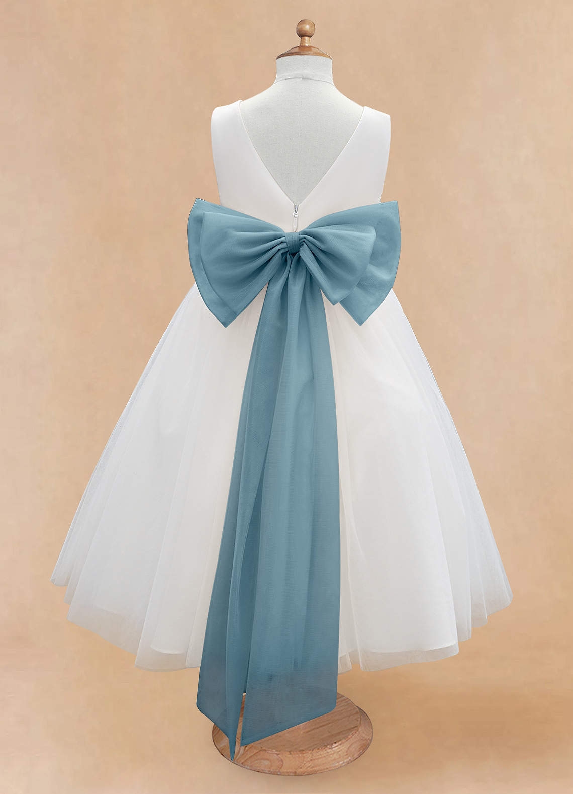 Azazie Kavi Flower Girl Dresses Ivory Moody Blue A-Line Bow Matte Satin Dress image7