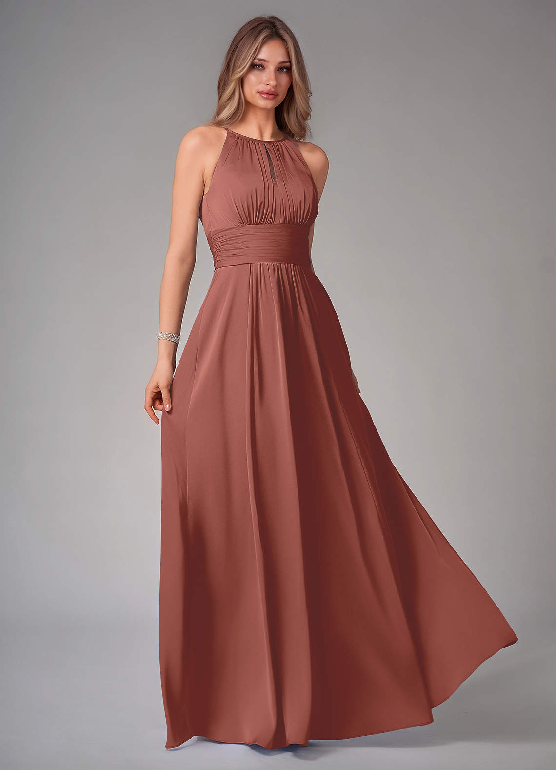 Azazie Bonnie Bridesmaid Dresses Auburn A-Line Pleated Stretch Satin Dress image1