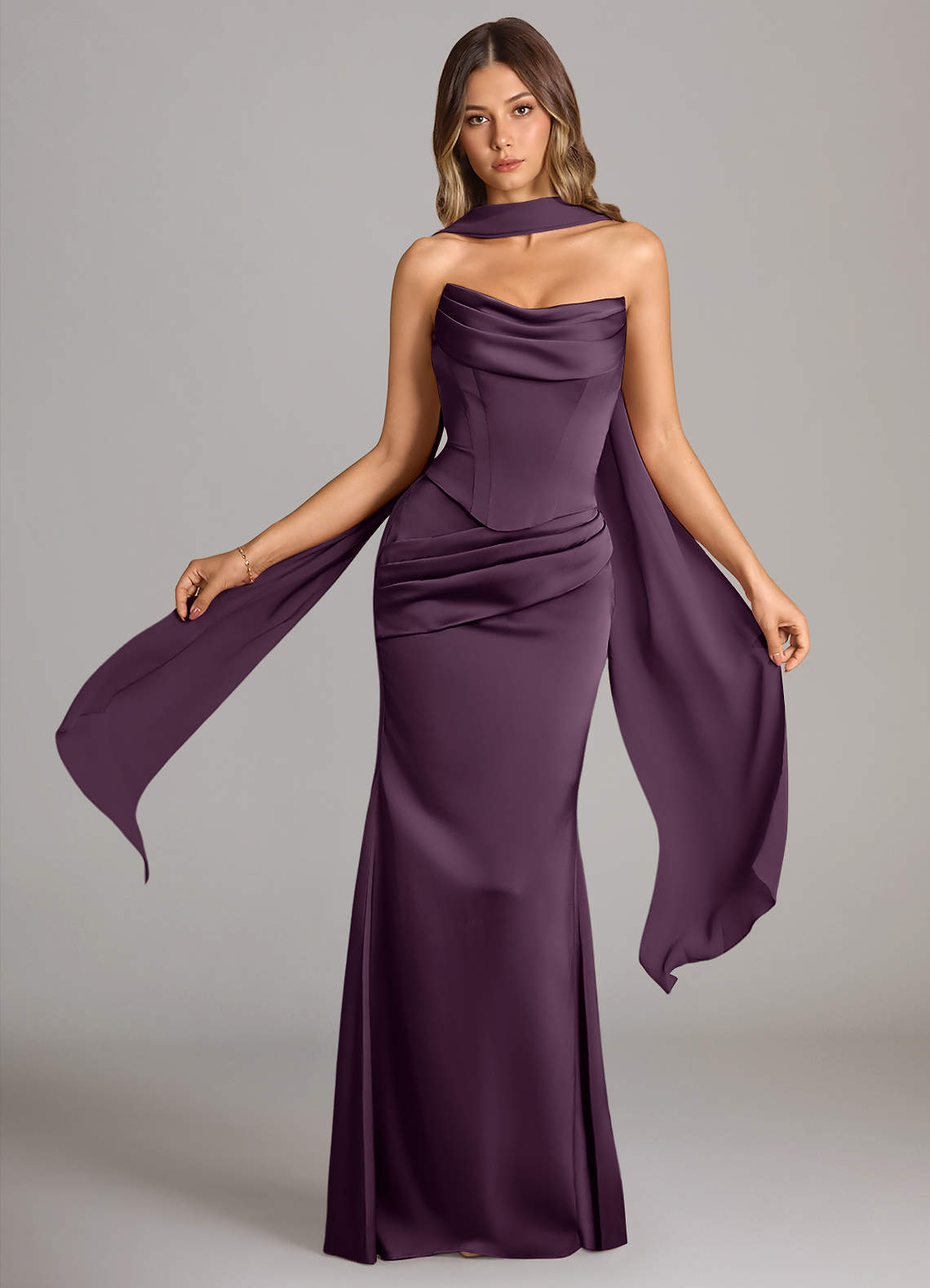 fitted lace wedding dress Zapaka Women Mermaid Long Choir Dress Plum One Shoulder Formal Dress with Appliques, Plum / US2 main image 0