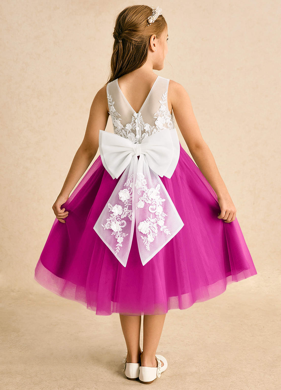 Azazie Lina Flower Girl Dresses Ivory Fuchsia Ball-Gown Lace Dress image1